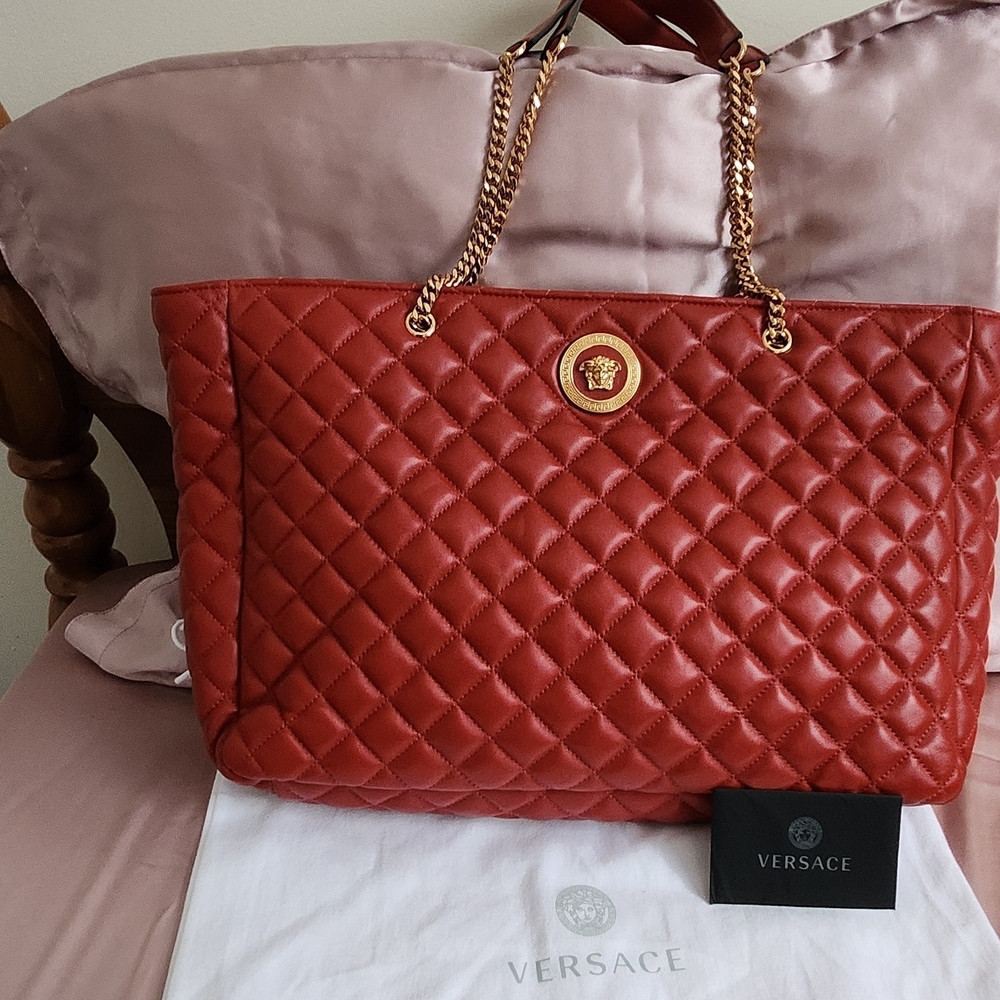 Versace Red Quilted Tote with Gold Chains
